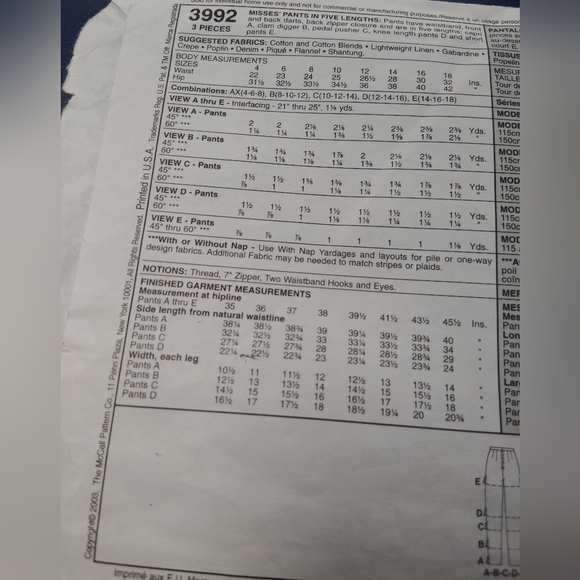 McCall's Sewing Pattern 3992 Women's Pants Capri Clam Digger Plus Size 14-18 - Picture 4 of 4